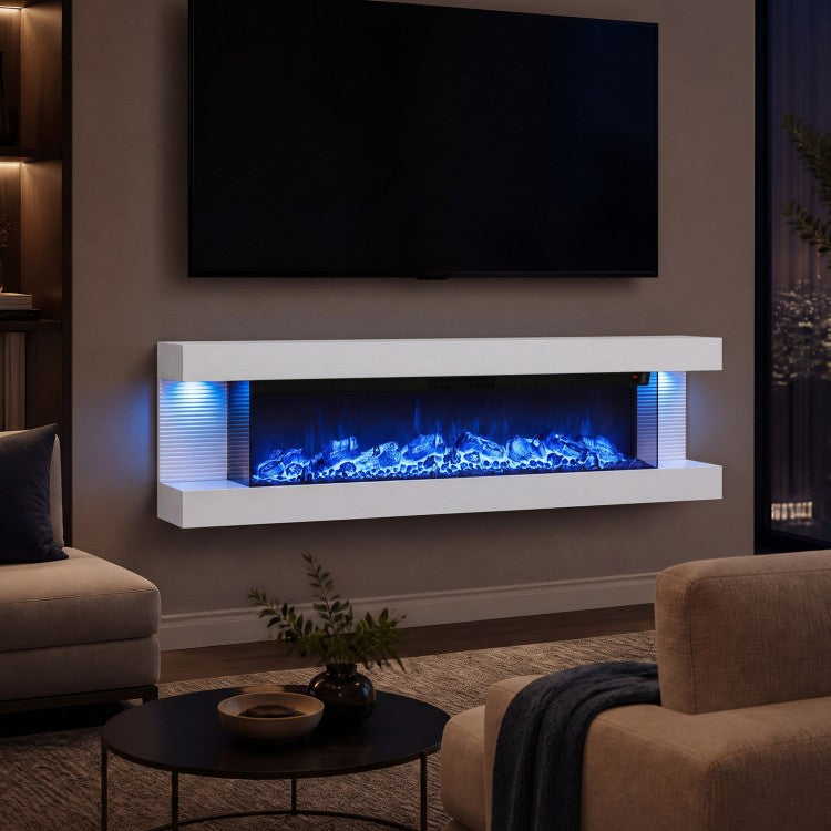 60" 3-Sided Wall-Mount Electric Fireplace with Floating Mantel, WiFi & 12 Flame Colors – White