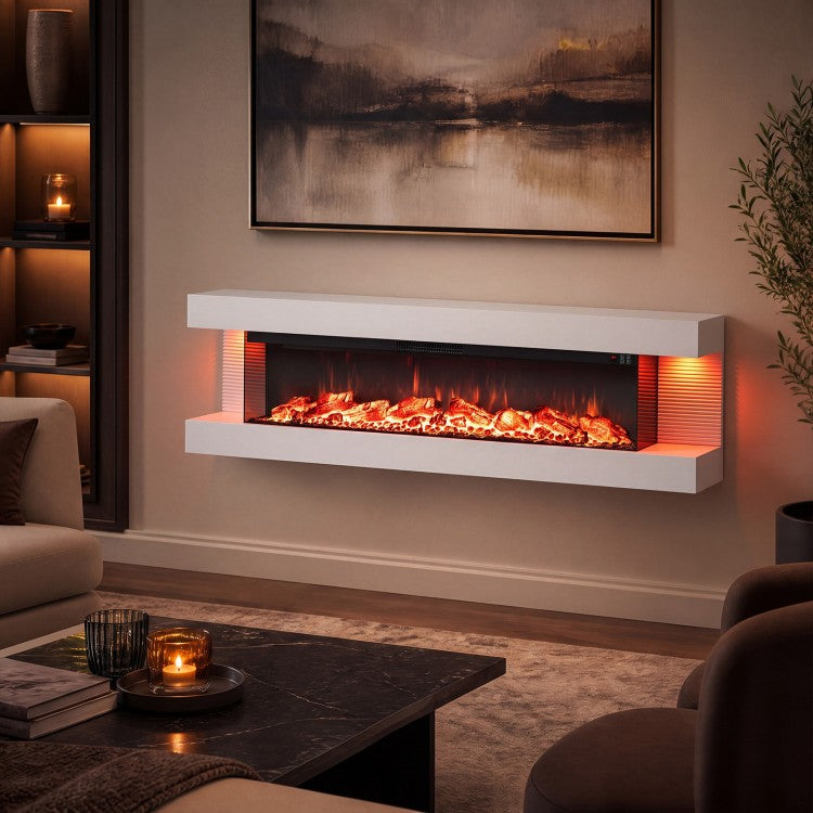 60" 3-Sided Wall-Mount Electric Fireplace with Floating Mantel, WiFi & 12 Flame Colors – White