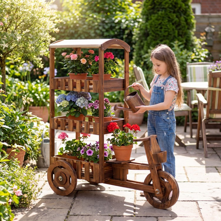 3-Tier Fir Wood Plant Stand with Fabric Canopy and 3 Wheels – Vintage Tricycle Planter Cart