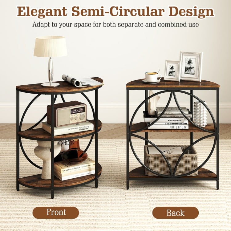 3-Tier Half Round End Table with Study Metal Frame for Living Room-Rustic Brown
