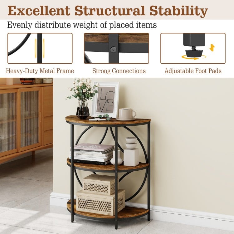 3-Tier Half Round End Table with Study Metal Frame for Living Room-Rustic Brown