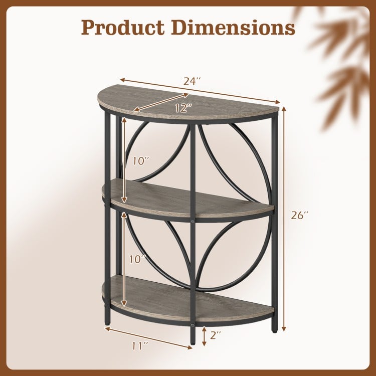 3-Tier Half Round End Table with Study Metal Frame for Living Room-Gray