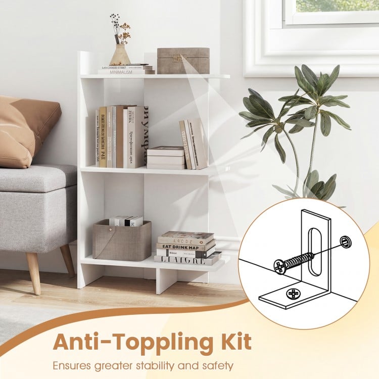 3 Tier Wooden Bookshelf with Anti-Tipping Kit-White