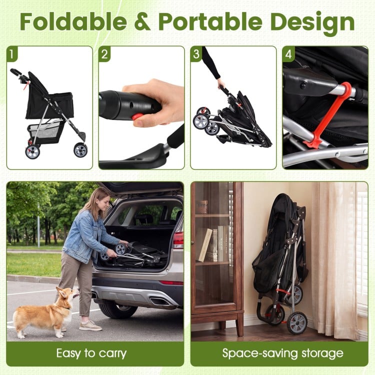 3 Wheel Pet Stroller for Small Dogs Cats up to 33 LBS-Black