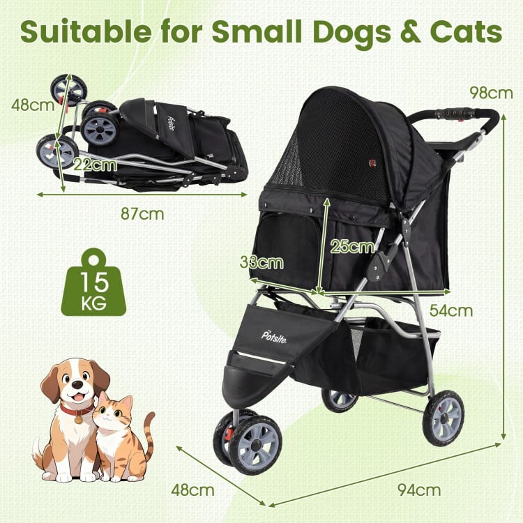 3 Wheel Pet Stroller for Small Dogs Cats up to 33 LBS-Black