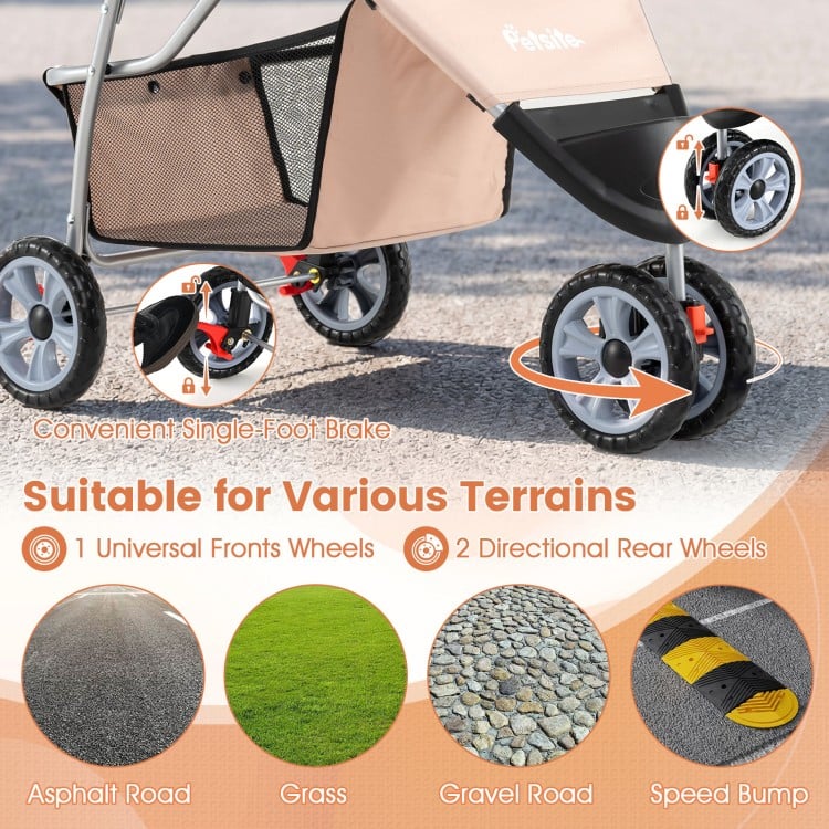 3 Wheel Pet Stroller for Small Dogs Cats up to 33 LBS-Beige