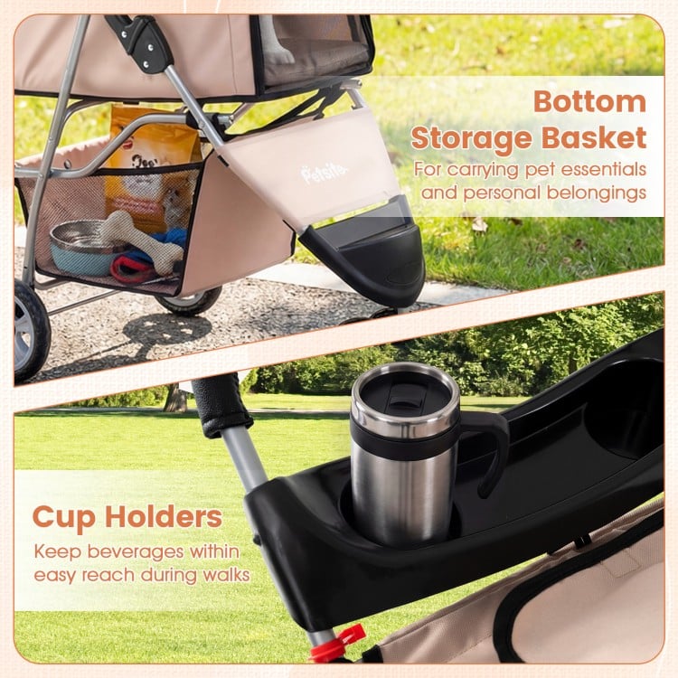 3 Wheel Pet Stroller for Small Dogs Cats up to 33 LBS-Beige