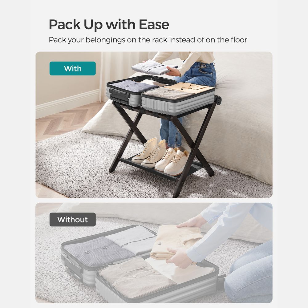 SONGMICS Folding Suitcase Stand with Storage Shelf