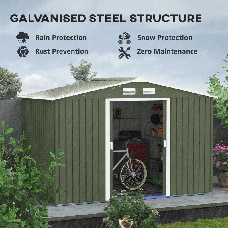 Outsunny 9.1'x6.4'x6.3' Garden Storage Shed w/ Floor Foundation Metal Tool Storage House w/ Double Doors Light Green