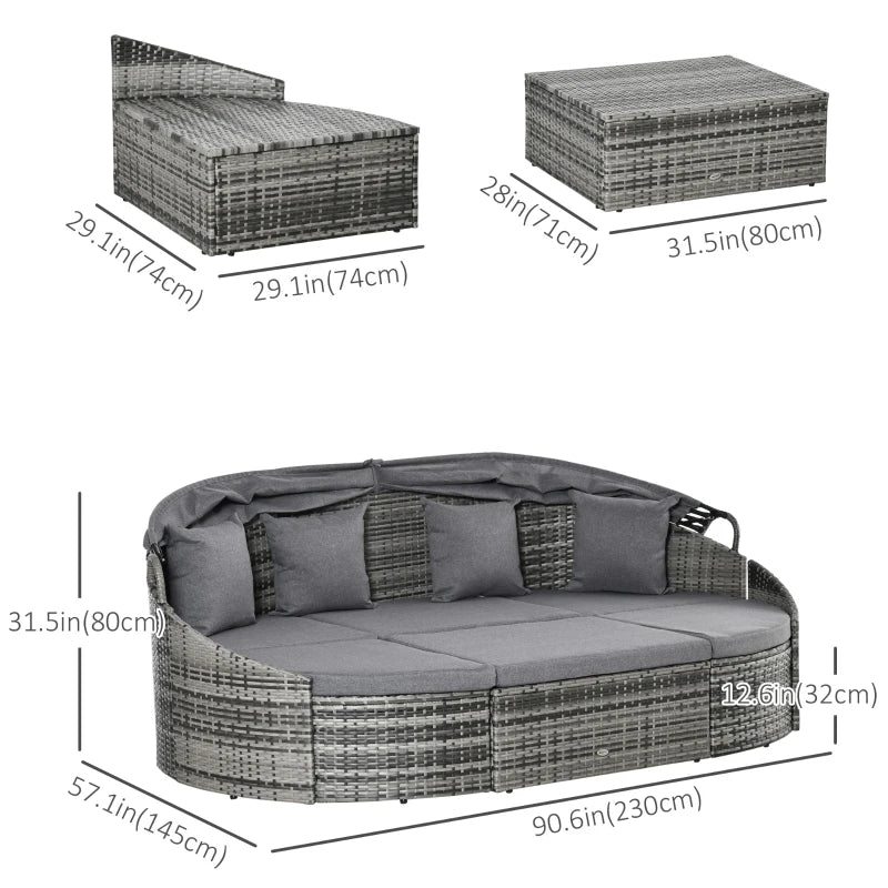 Outsunny 4 Pieces Patio PE Wicker Round Daybed, Outdoor Rattan Garden Lounge Furniture Sets, Grey