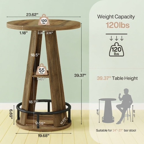 Bar Table 39.4" 3-Tier High Top Bistro Cocktail Pub Table with Metal Footrest and Storage Shelves Rustic Brown