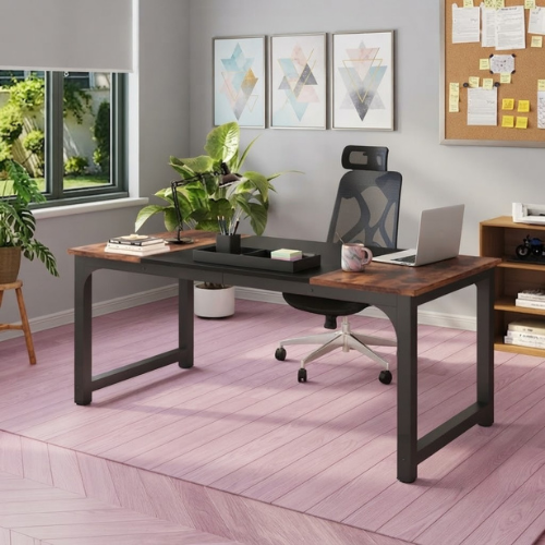 Conference Table 70.86" Rectangular Meeting Table Computer Desk with Metal Frame and Scratch Resistant Surface Rustic Brown & Black