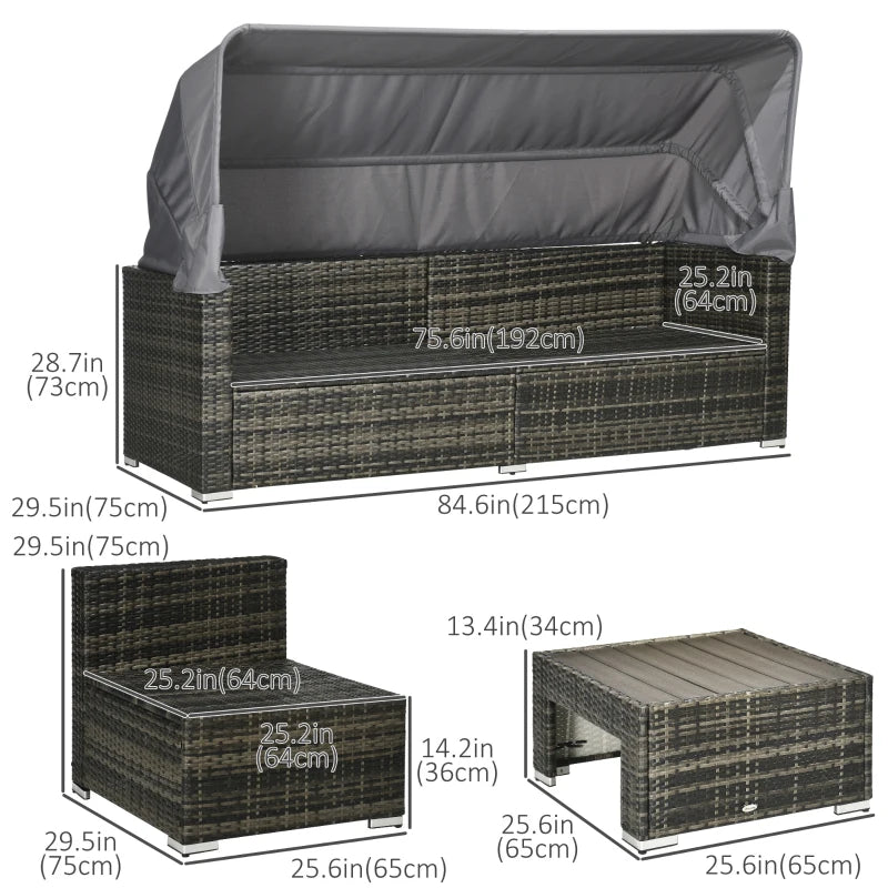 Outsunny 4 Pieces Patio Furniture Set, Rattan Wicker Outdoor Sectional Sofa with Retractable Canopy, Cushions, 3-Seater Sofa for Backyard, Garden, Gray