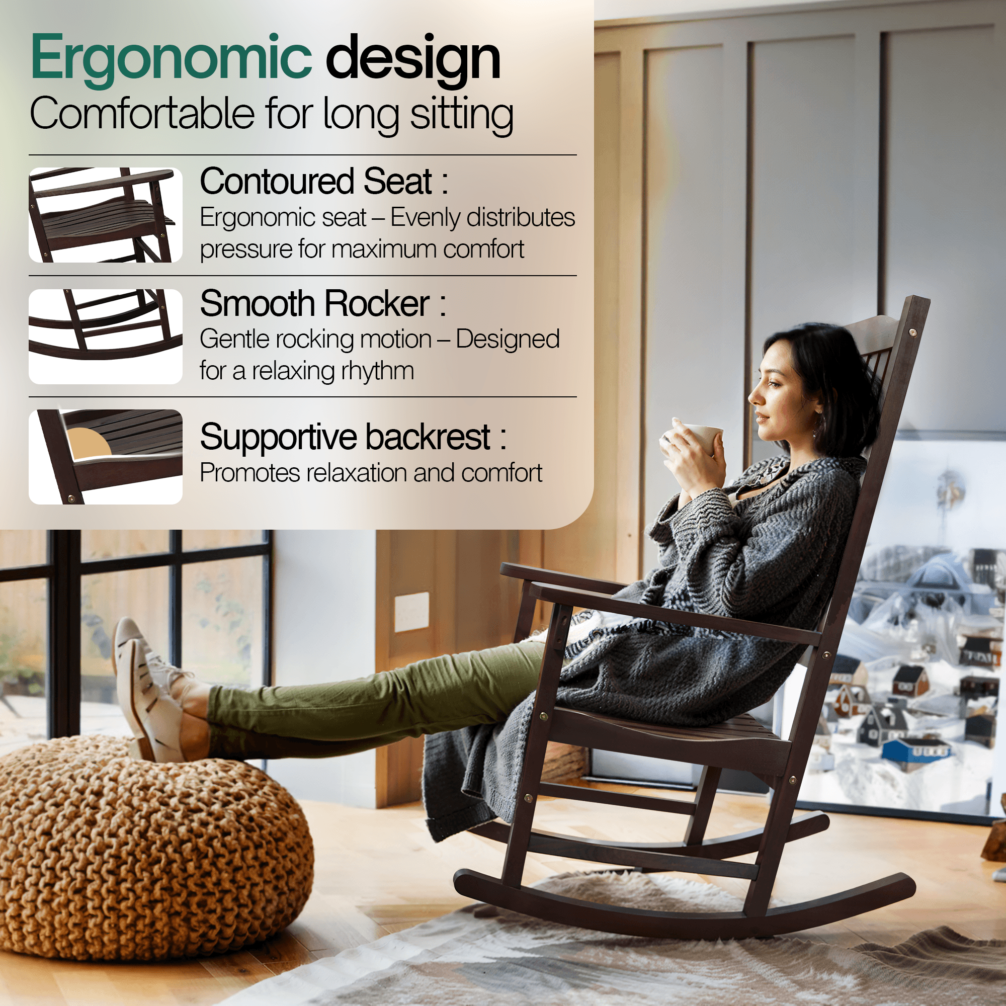 Tranquillo Oasis Wooden Rocking Chair for Patio, Porch, or Indoor Use