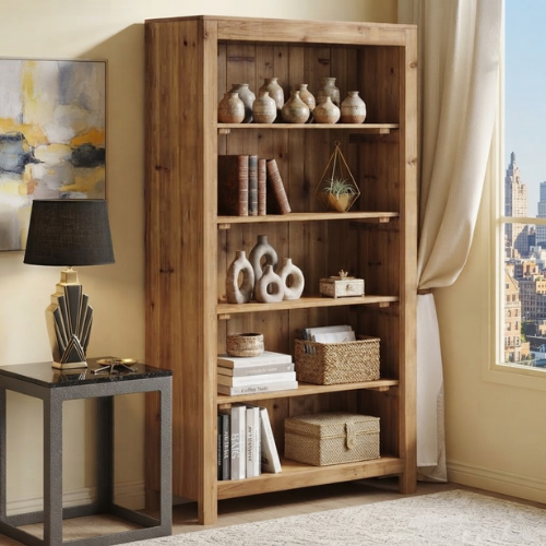70.87" 6-Tier Solid Wood Bookshelf, 35.43" Wide Freestanding Bookcase with Rustic Walnut Finish