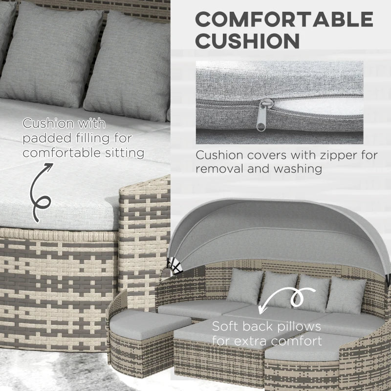 Outsunny 4 Pieces Patio PE Wicker Round Daybed, Outdoor Rattan Garden Lounge Furniture Sets, Light Grey