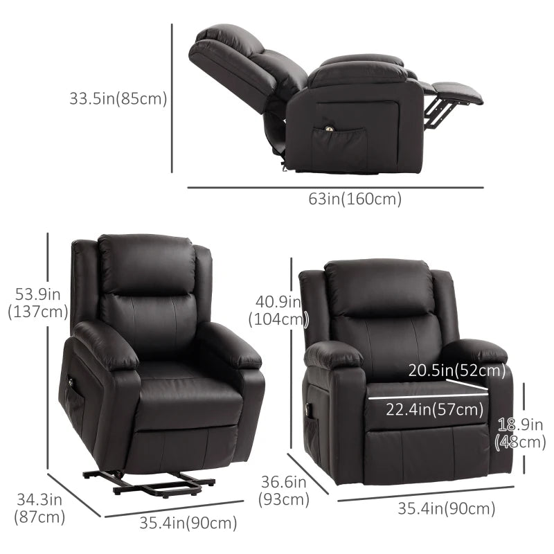 HOMCOM Lift Chair for Seniors, PU Leather Upholstered Electric Recliner Chair with Remote, Side Pockets, Quick Assembly, Brown