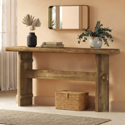 63" Solid Wood Console Table, Farmhouse Entryway Sofa Table Behind Couch Rustic Brown
