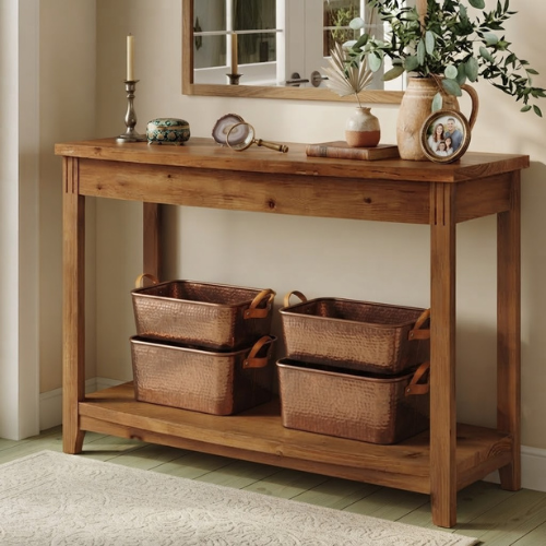 41.34" Solid Wood Console Table, 2-Tier Half-Moon Farmhouse Entryway Sofa Table with Rustic Natural Finish
