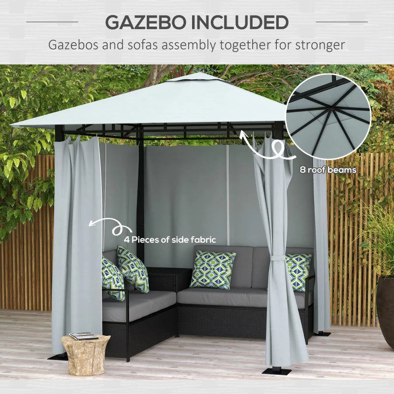 Outsunny Patio Furniture Set with Gazebo, Outdoor PE Rattan Wicker Conversation Sofa with Storage Corner Table, Cushion, for Backyard, Porch, Poolside, Balcony, Grey