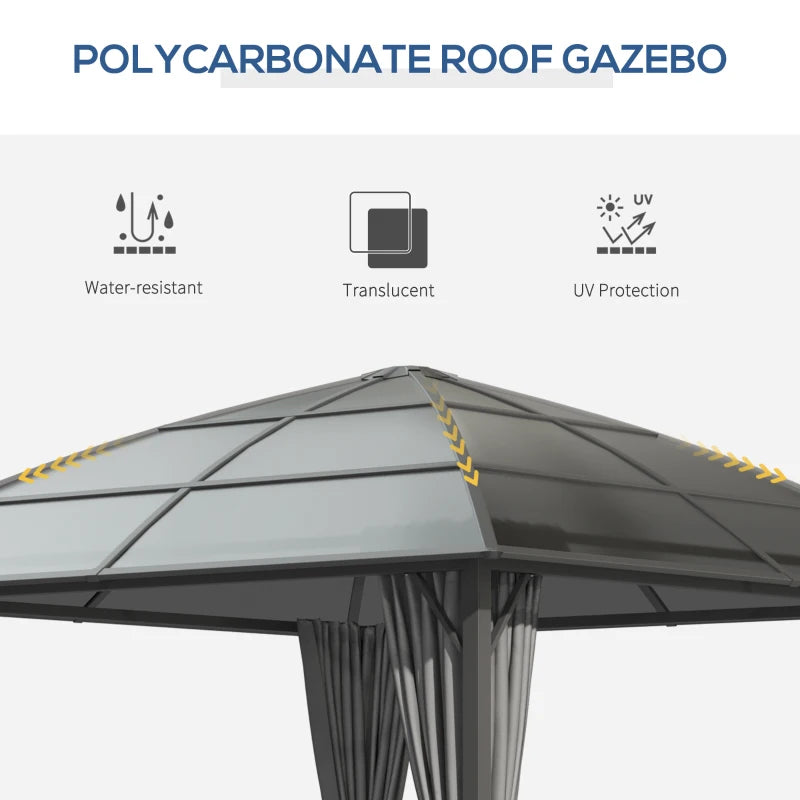 Outsunny 10' x 10' Outdoor Gazebo Canopy, Hardtop Gazebo with UV60+ Polycarbonate Roof, Steel Frame, Central Hook, and Curtains, for Garden, Lawn, Backyard, Deck, Dark Grey