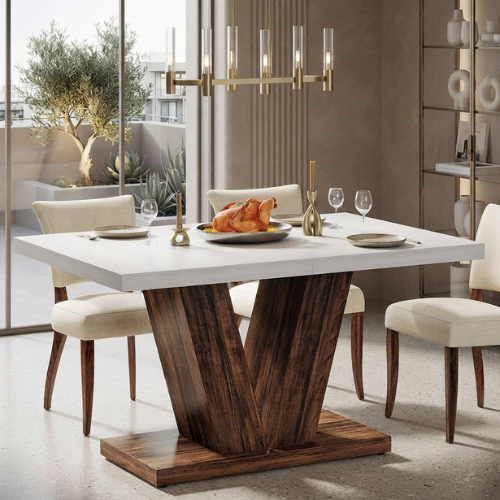 47" Farmhouse Dining Table, White & Oak Wooden Kitchen Table with Pedestal Base, 4–6 Seater