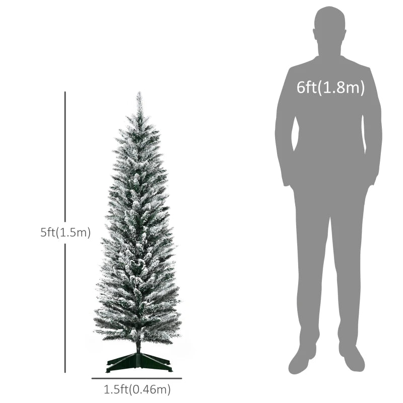 HOMCOM 5ft Pencil Artificial Christmas Tree with Snow Flocked Branches, Slim Green Holiday Decor