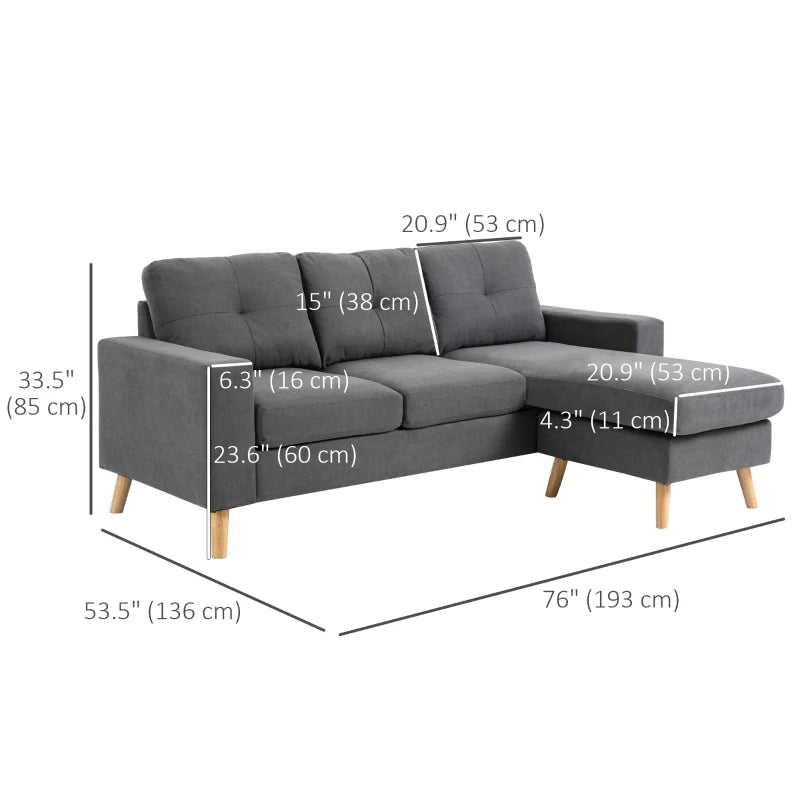 HOMCOM Sectional Sofa Couch, L Shaped Couch with Reversible Chaise, Wooden Legs for Living Room, Bedroom, Dark Grey