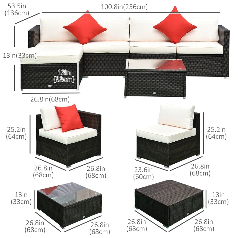 Outsunny 6 Pieces Outdoor PE Rattan Wicker Patio Furniture Sofa Set with Thick Cushions, Deluxe Garden Sectional Couch with Glass Top Table, Dark Coffee and Cream White