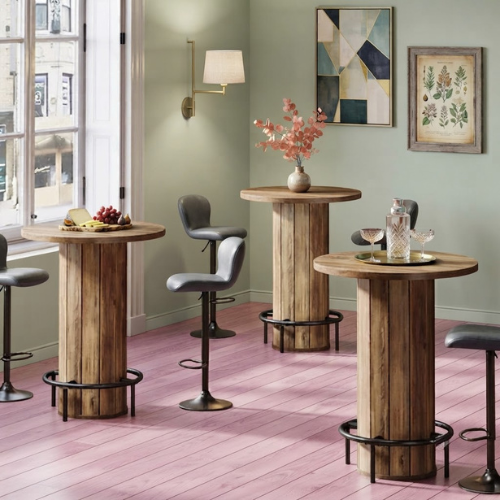 31.5" Round Bar Table with Footrest, Farmhouse Bistro Pub Table with Fence-Style Base & Rustic Brown Wood Finish