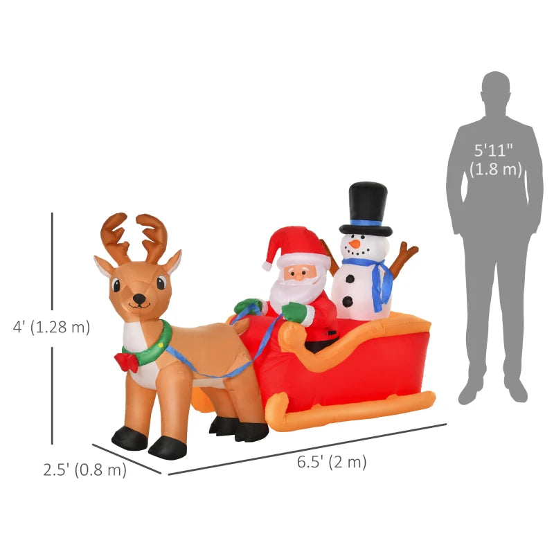 HOMCOM 6.5FT Inflatable Christmas Santa & Snowman on Sleigh with Reindeer, LED Lighted Blow Up Holiday Yard Decoration