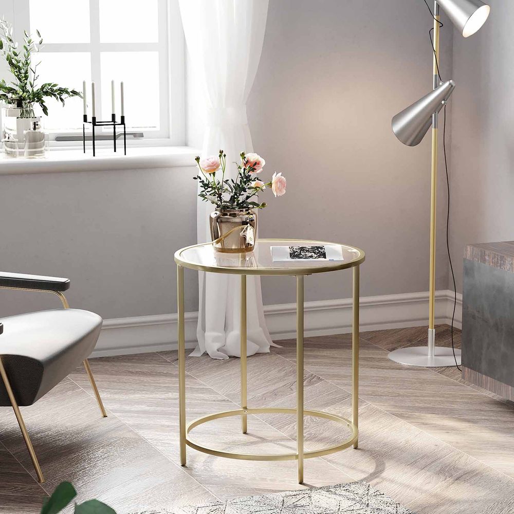 VASAGLE Glass Round Side Table with Metal Frame
