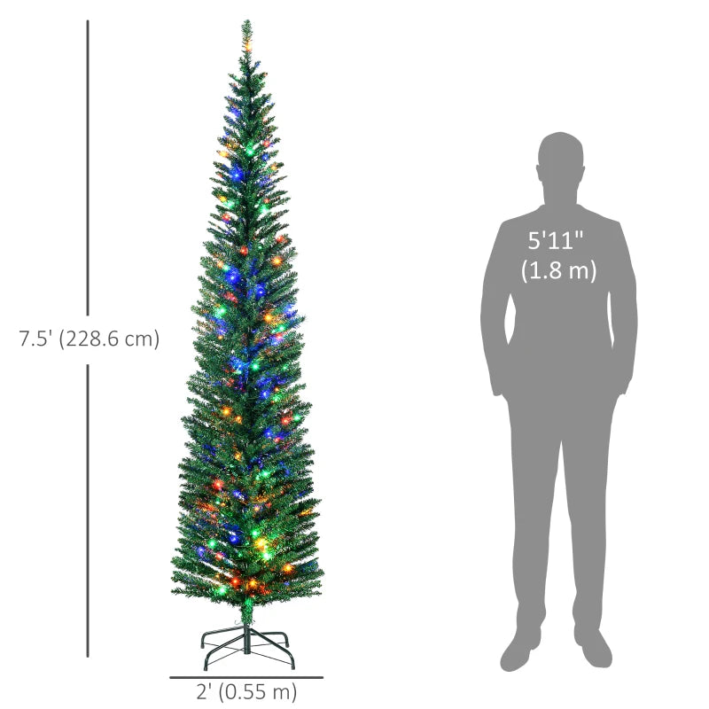 HOMCOM 7.5ft Artificial Pencil Christmas Tree – Colourful LED Lights, Steel Base, Slim Shape Holiday Decoration