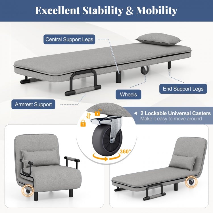 3-in-1 Convertible Sofa Bed with 5-Position Adjustable Backrest and Lumbar Pillow-Gray