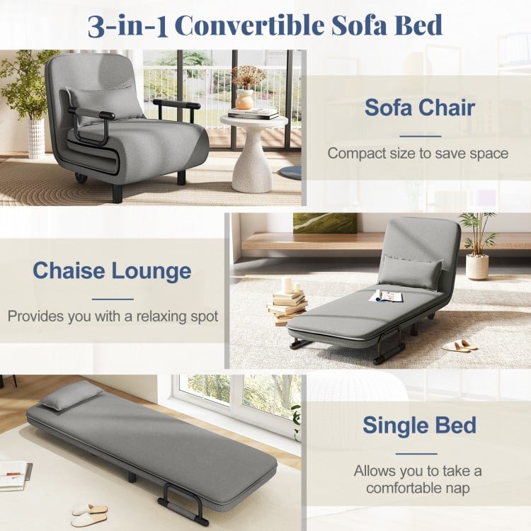 3-in-1 Convertible Sofa Bed with 5-Position Adjustable Backrest and Lumbar Pillow-Gray