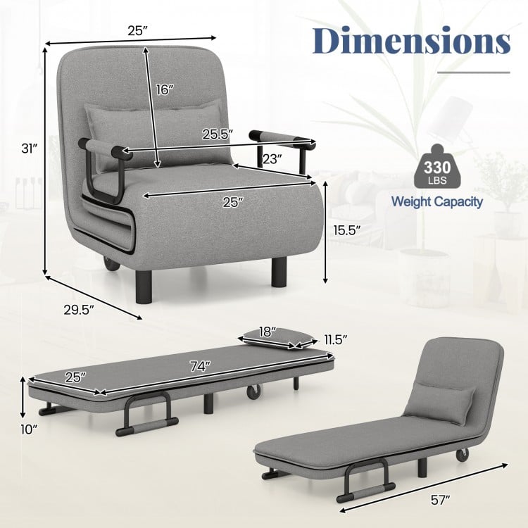 3-in-1 Convertible Sofa Bed with 5-Position Adjustable Backrest and Lumbar Pillow-Gray