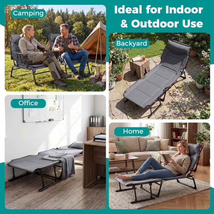 3 in 1 Folding Camping Cot Comfy Padded Convertible Single Sofa Chair-Gray