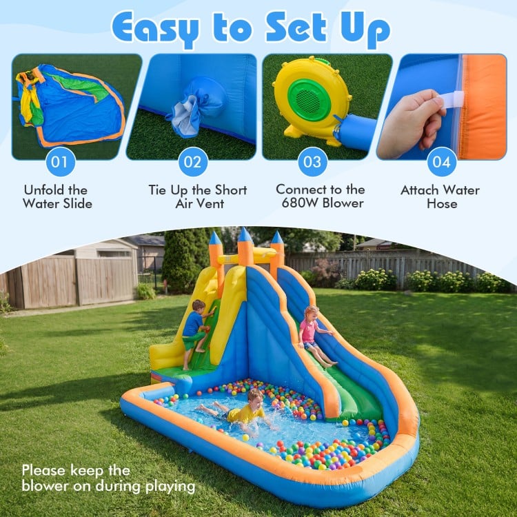 3-in-1 Inflatable Water Slide with Curved Slide and 680W Blower