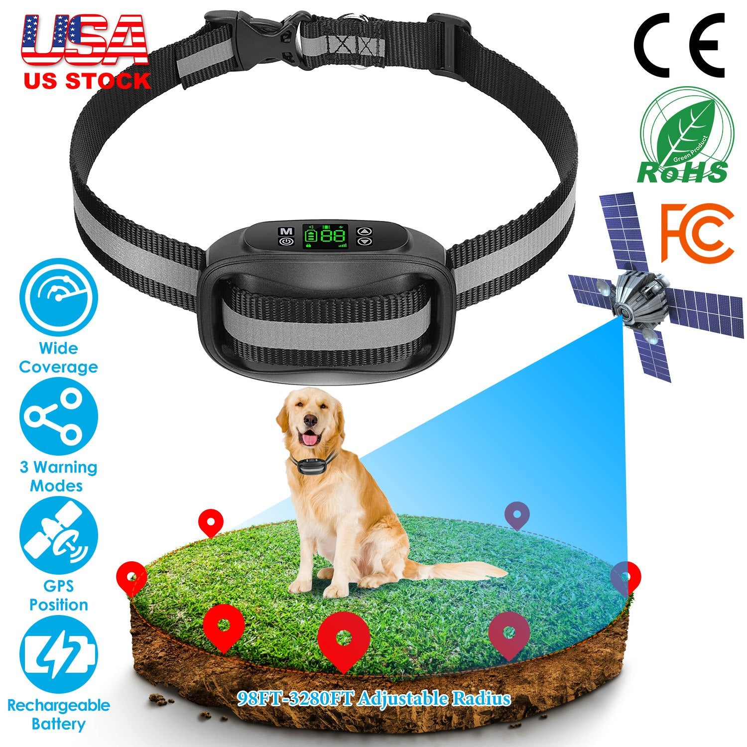 Wireless GPS Dog Fence Rechargeable IPX7 Waterproof Electric Dog Collar 98-3280FT Radius Pet Containment System Outdoor for Small Medium Large Dogs