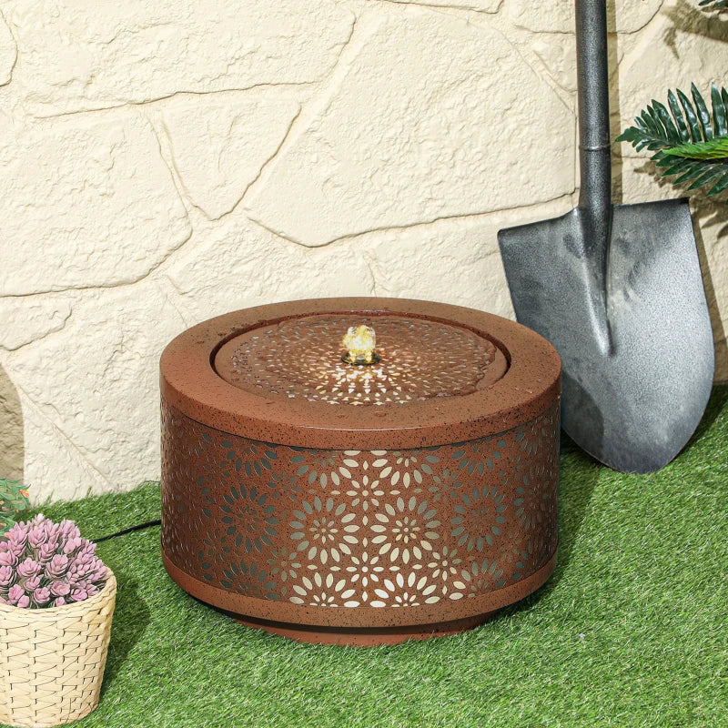 Outdoor Water Fountain with LED Lights, 10" Tall Garden Waterfall Fountain with Adjustable Flow, Brown