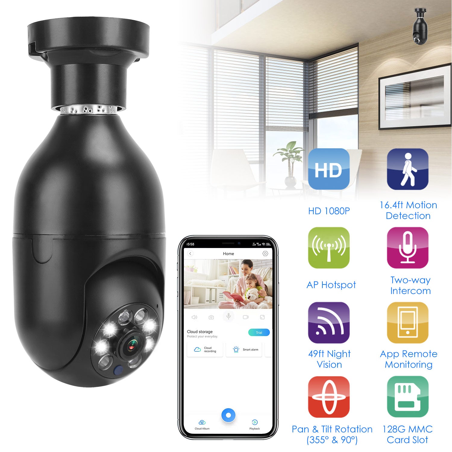 E27 WiFi Bulb Camera 1080P FHD WiFi IP Pan Tilt Security Surveillance Camera with Two-Way Audio Night Vision Motion Detection Function APP Control