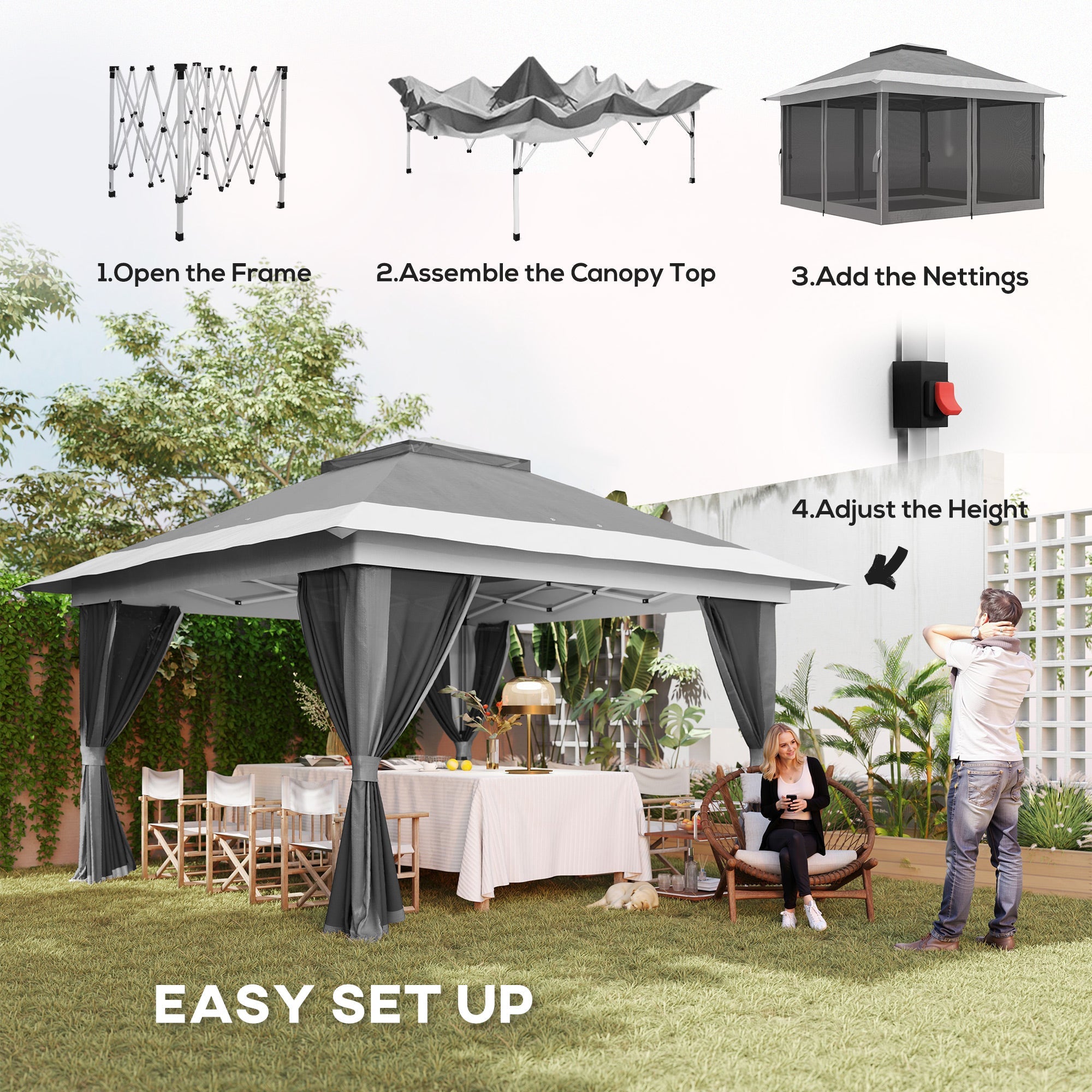 Outsunny 11.7' x 11.7' Pop Up Canopy Tent with Netting, UPF50+ Instant Sun Shelter with Wheeled Carry Bag and Sand Bags