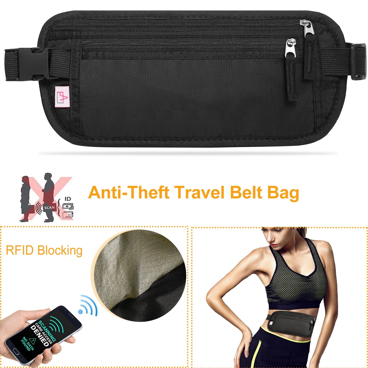 Travel Money Belt Waist Bag Pack RFID Blocking Anti-Theft Waist Pouch Waterproof for Men Women