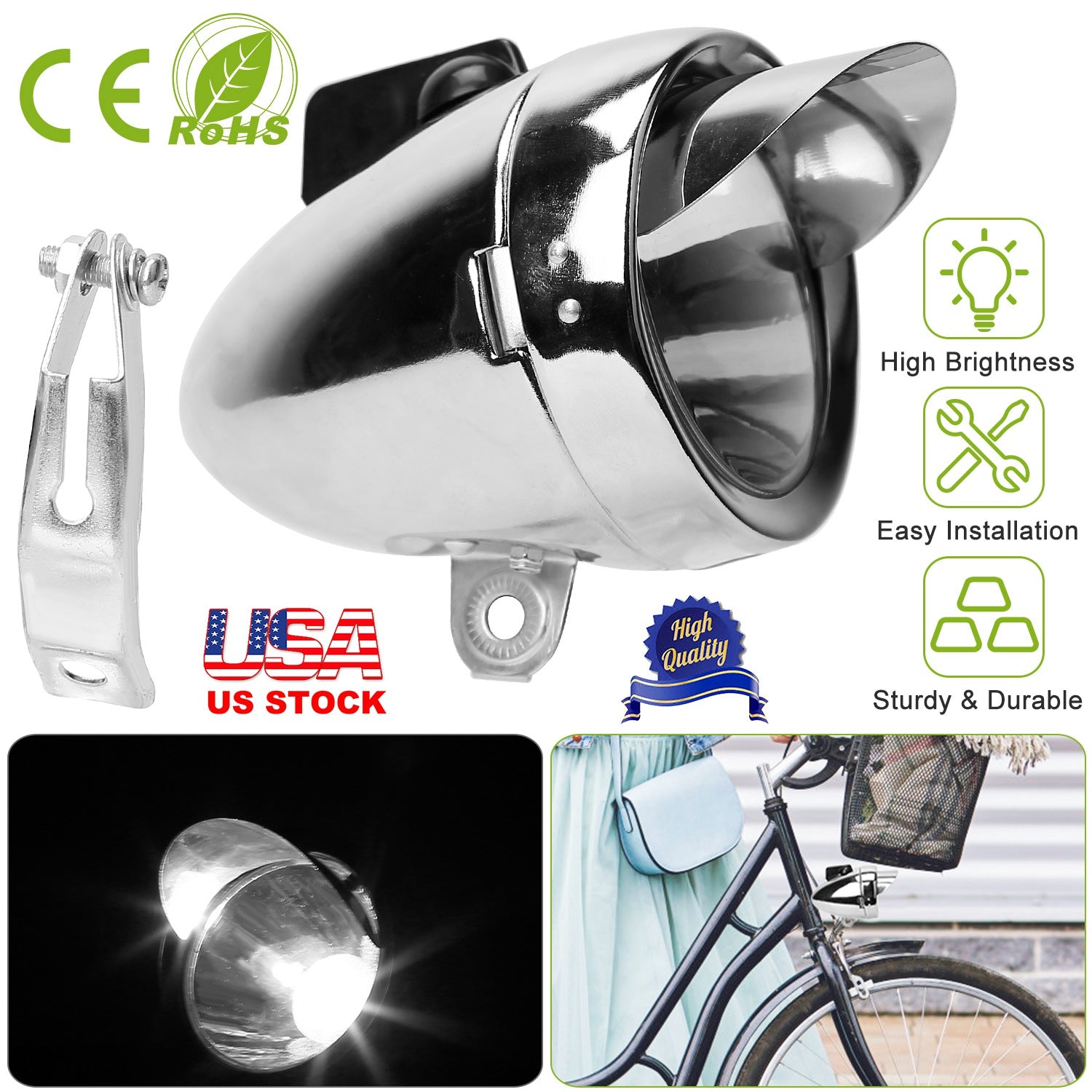 Vintage Bicycle Front Headlight Retro Metal Chrome Silver Shell Bright Bike LED Light Night Riding Safety Cycling Fog Light Headlamp with Bracket