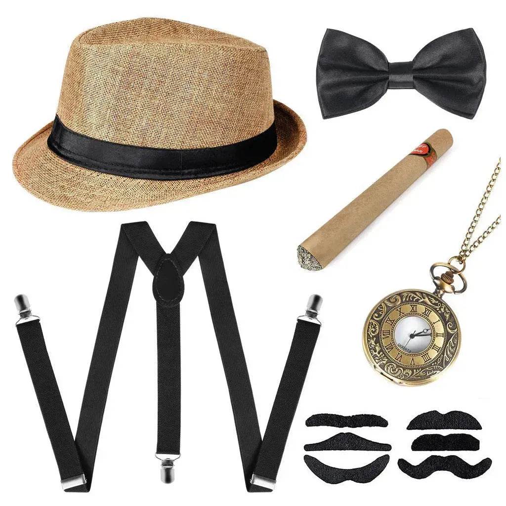 Party Men's Top Hat Pipe Pocket Watch Strap Tie Fake Cigar Set