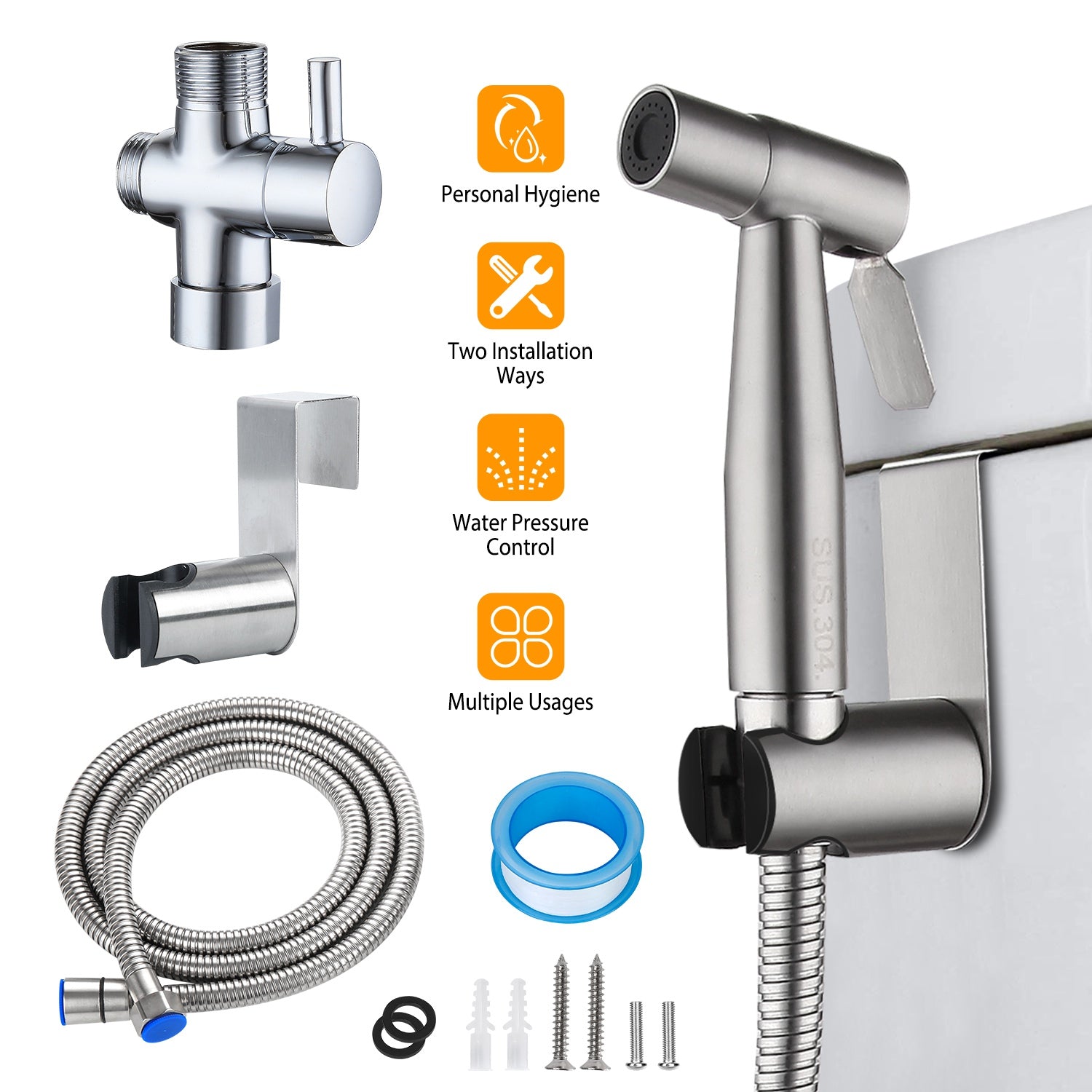 Handheld Bidet Sprayer Stainless Steel Bathroom Shower Toilet Bidet Sprayer Baby Cloth Diaper Sprayer Kit w/ Hose Brass Valve For Personal Hygiene Toi