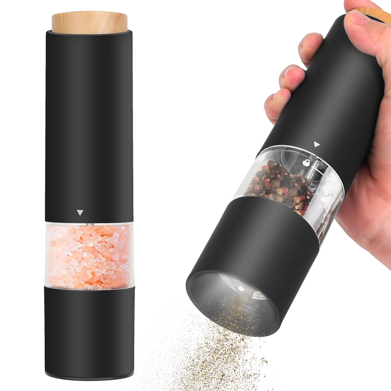 2Pcs Electric Salt and Pepper Grinder Battery Powered Salt Mill Sets With Adjustable Coarseness One Hand Easy Operation Visible Refilling Bottle