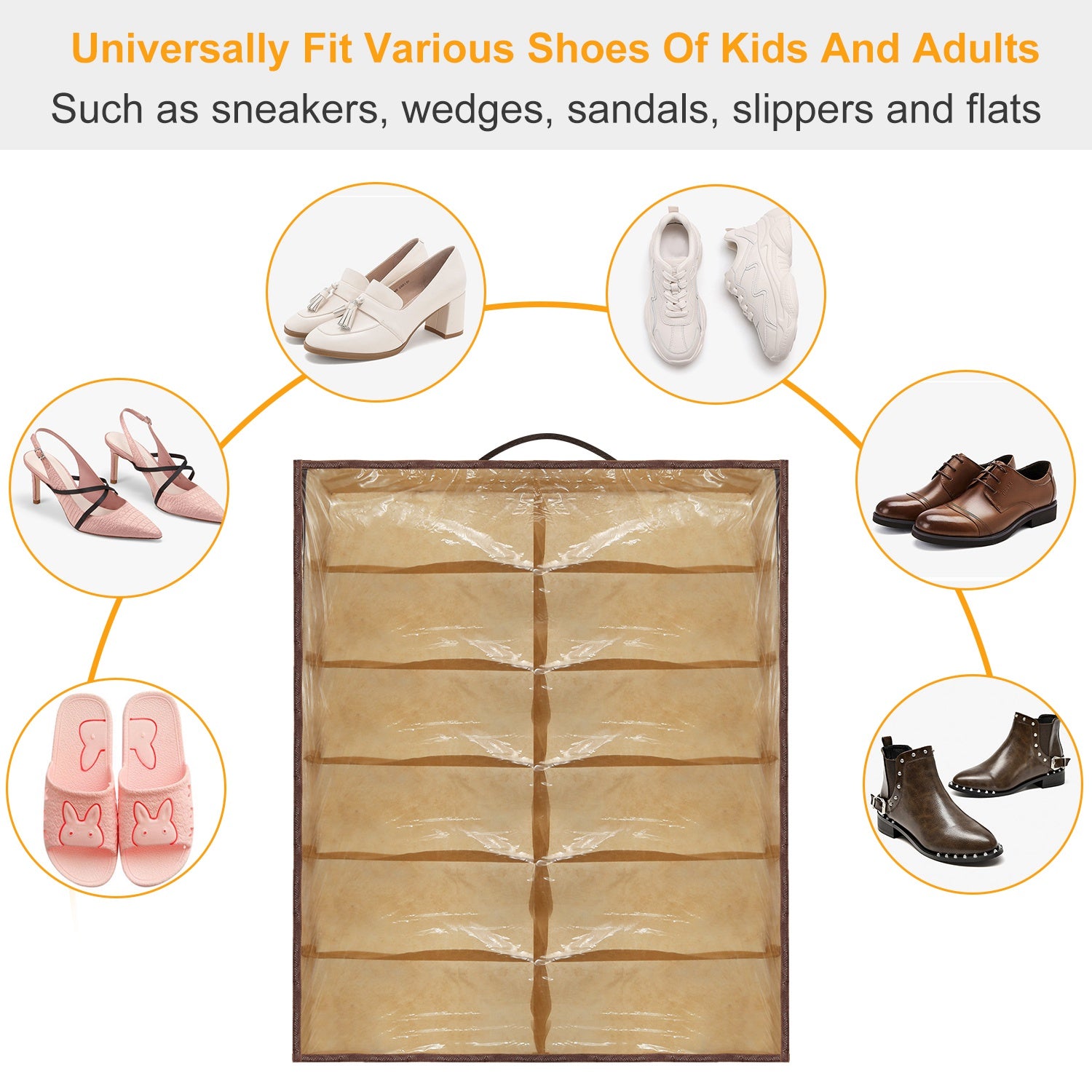 12 Cells Under Bed Shoes Organizer Shoes Container Box Holder with Front Zipper Clear Cover Breathable Foldable Closet Shoes Bag