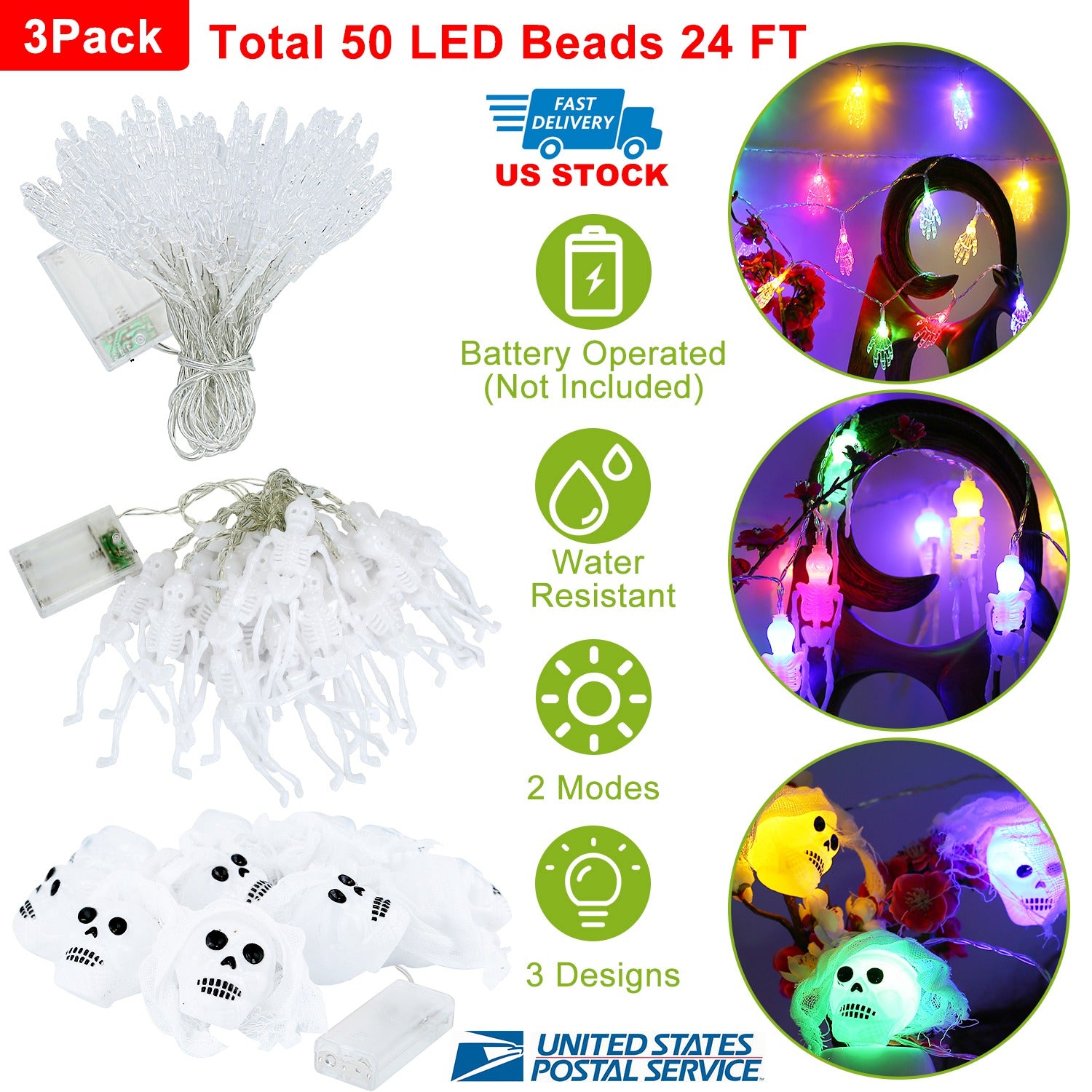 3Pcs Halloween Light Decorations Total 50 LEDs 24ft Halloween String Lights Colorful 3D Skeleton Ghost String Lights Gauze Skull String Lights Spooky