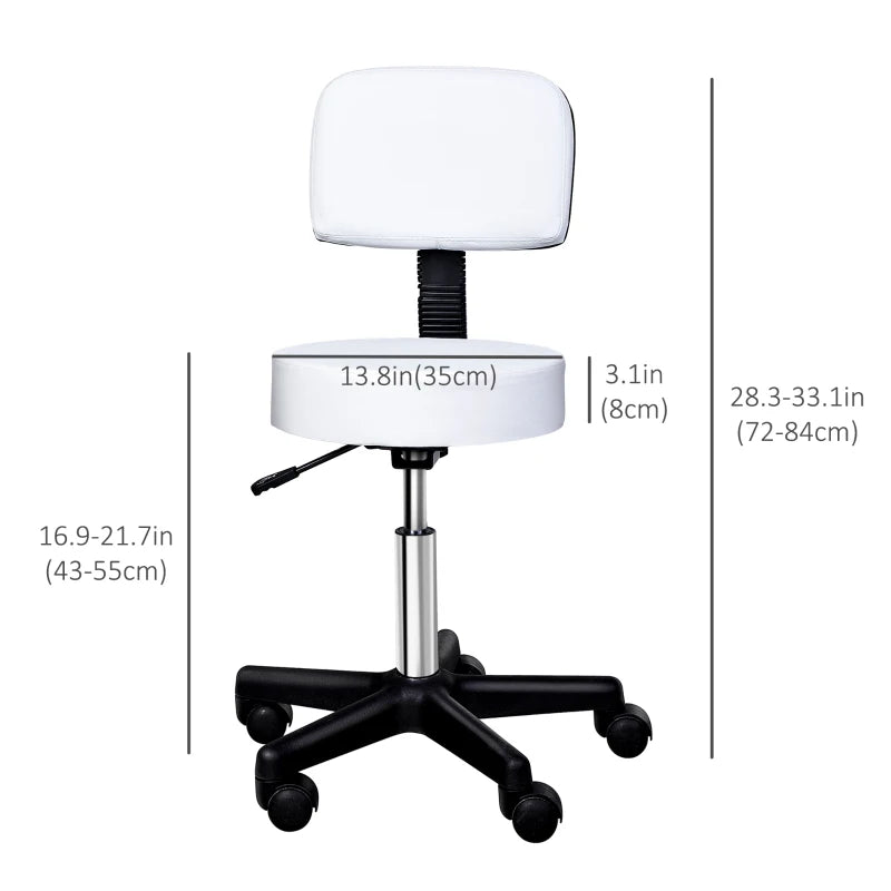 Adjustable Rolling Stool with Back, PU Leather Round Swivel Drafting Stool with Wheels for Kitchen, Salon Spa, Bar, Home Office, Massage, White